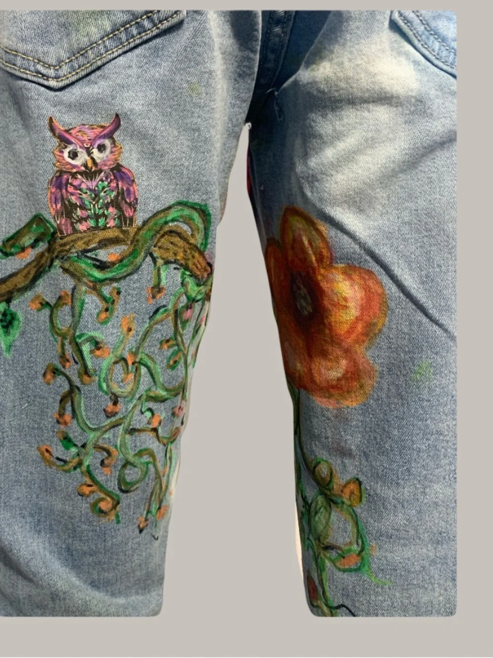 Hand-Painted Floral Light Wash Women's Jeans - Pink & Orange Accents - Picture 6 of 12